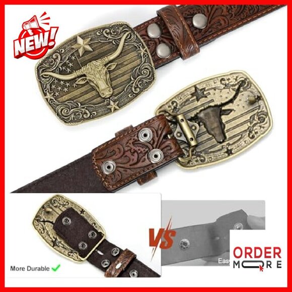 Western Cowboy Leather Belt with Bull Buckle for Jeans Size 30-44